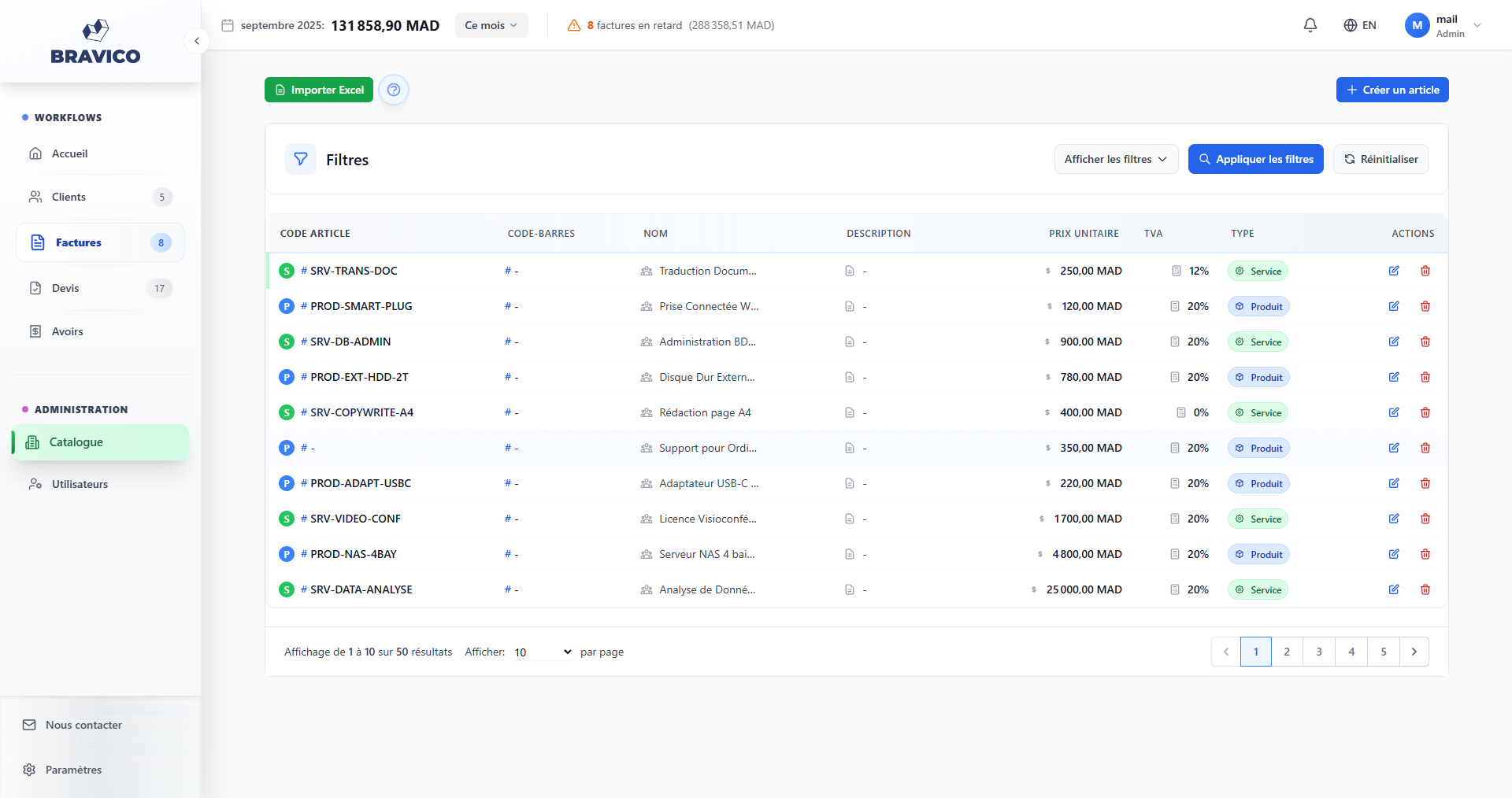 Catalogue produits EFacture Express - Gestion des articles et services