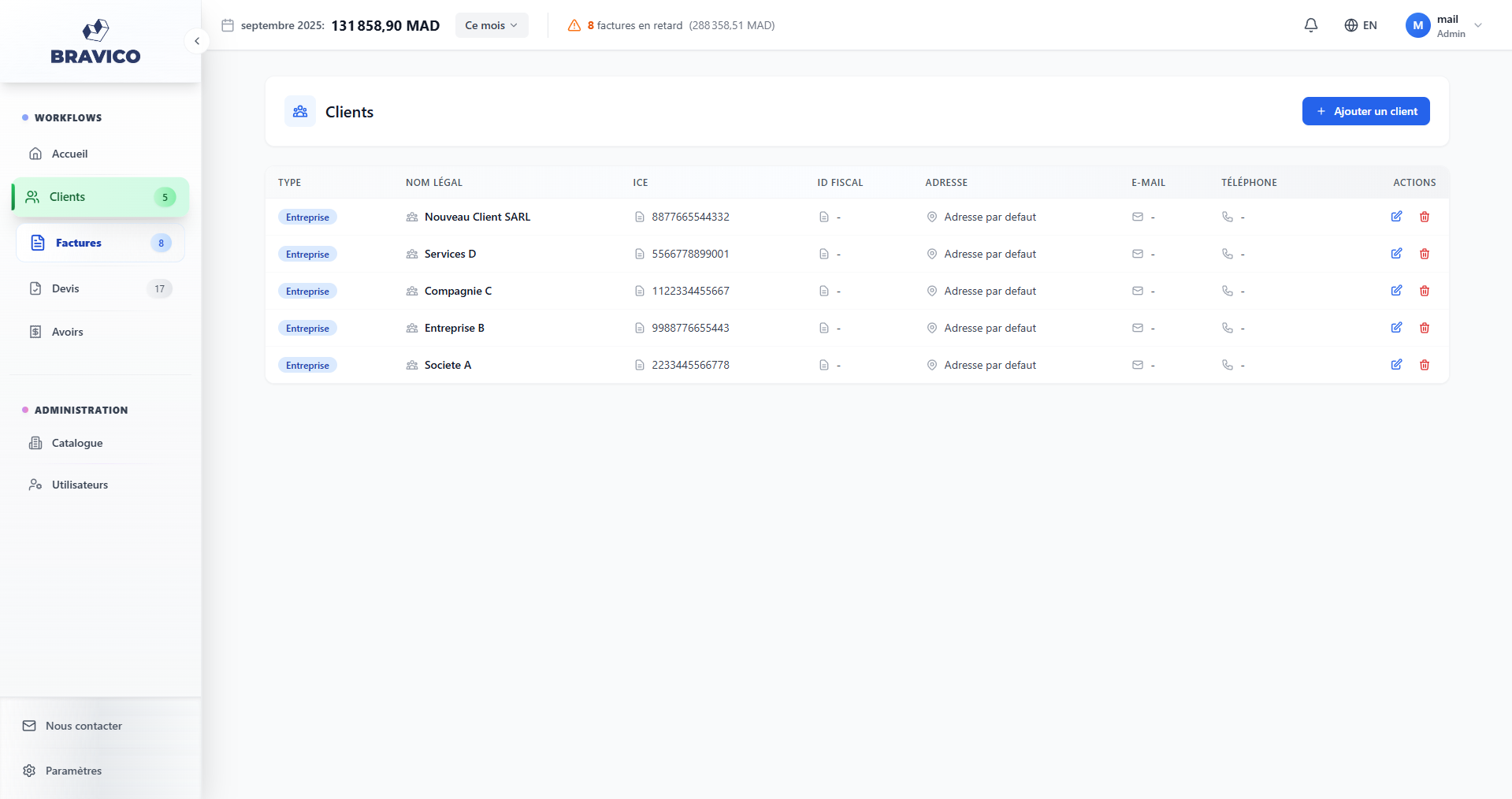 Gestion clients EFacture Express - Base de données clients centralisée